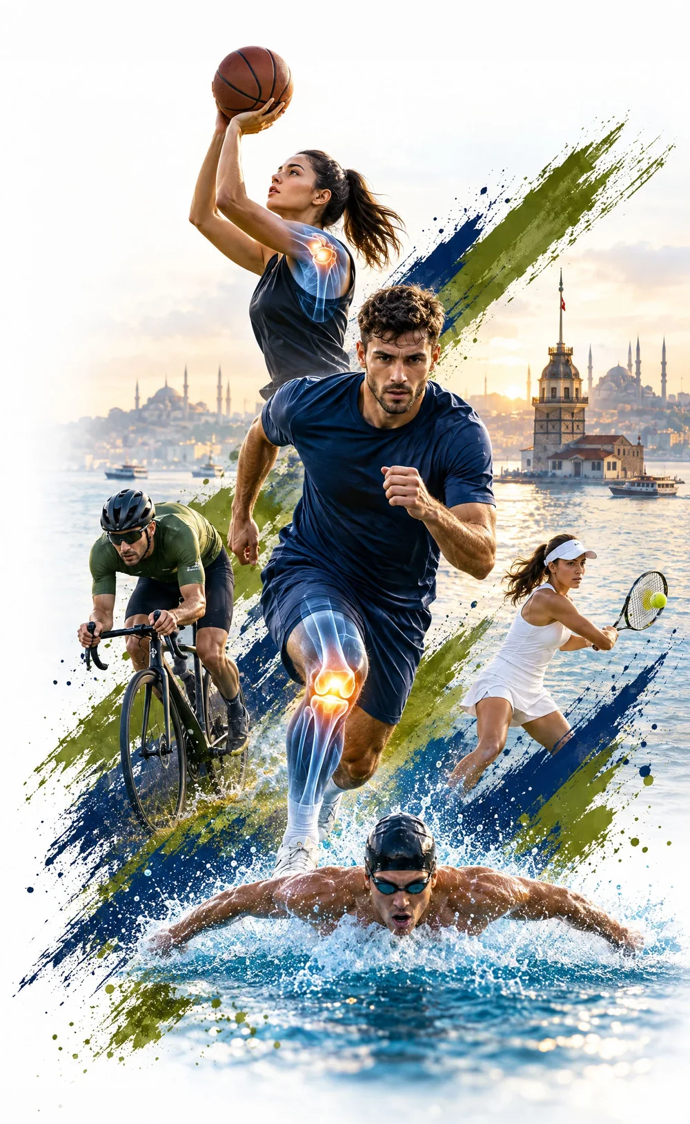 Fußball-, Basketball-, Schwimm-, Rad- und Tennissportler vor der Skyline von Istanbul, mit einer Röntgenebene über den Gelenken